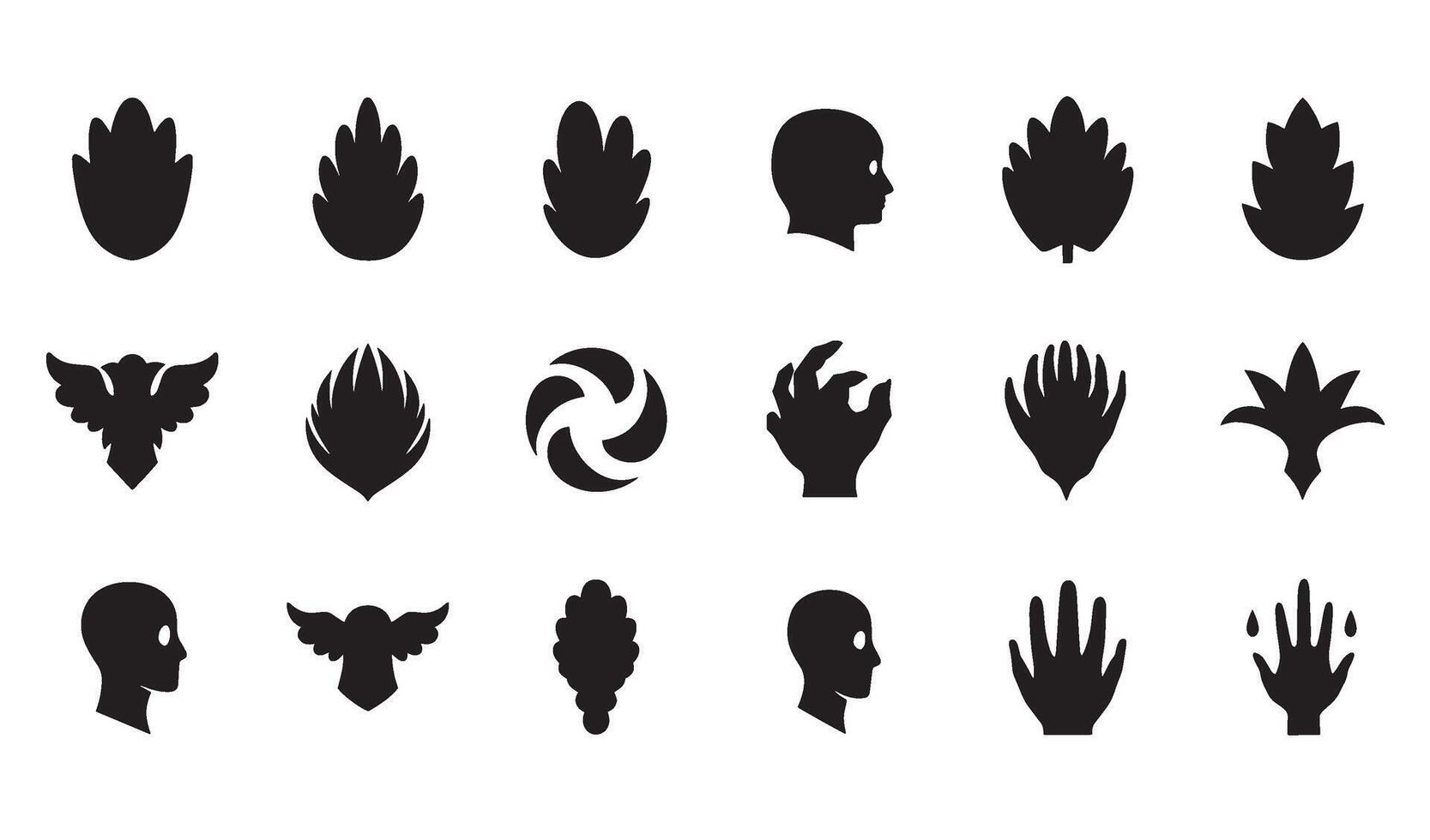 Abstract black silhouettes of various shapes including leaves faces hands and wings for design elements vector