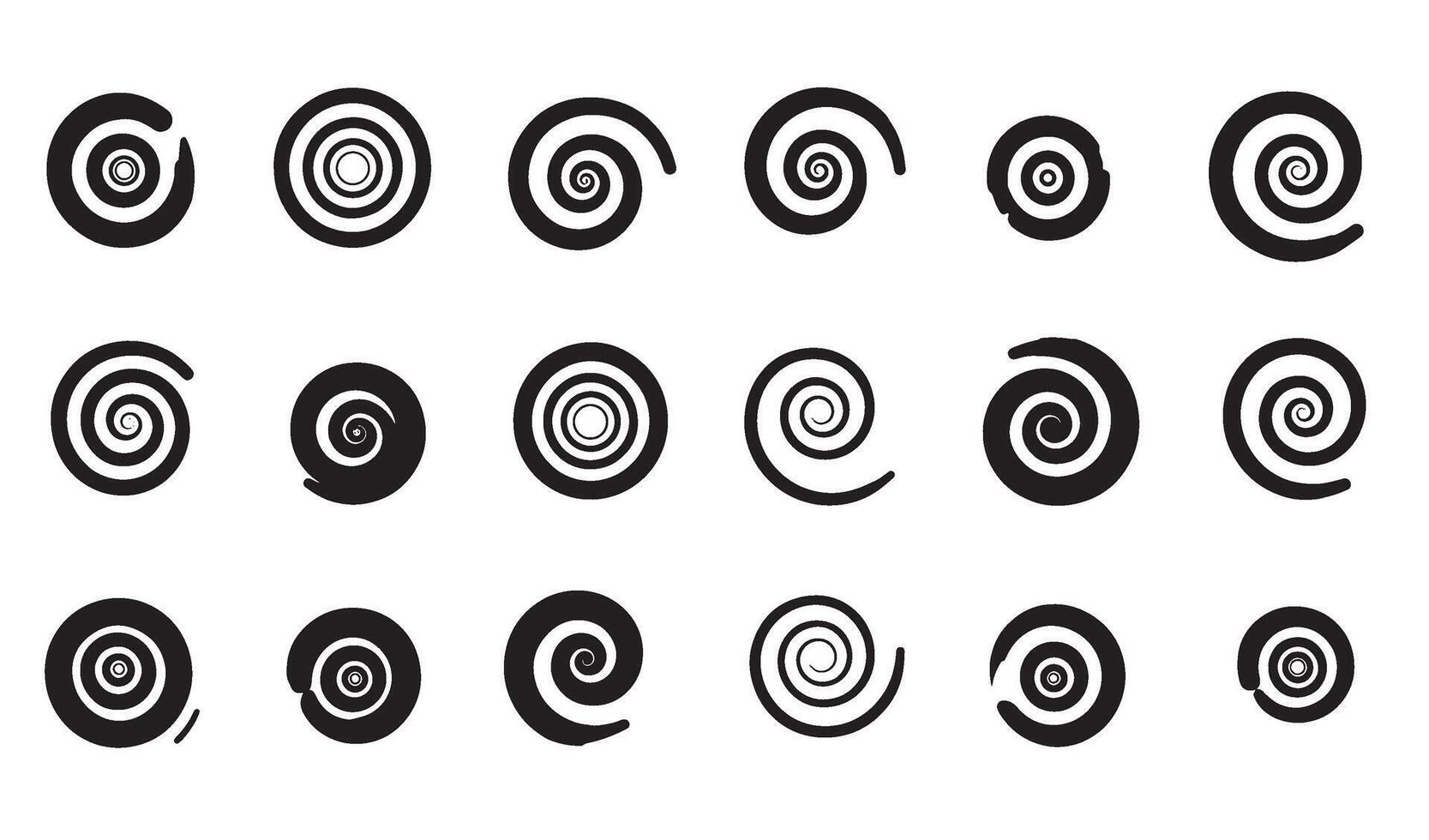 A collection of black and white spiral icons and decorative graphic elements for various design projects vector