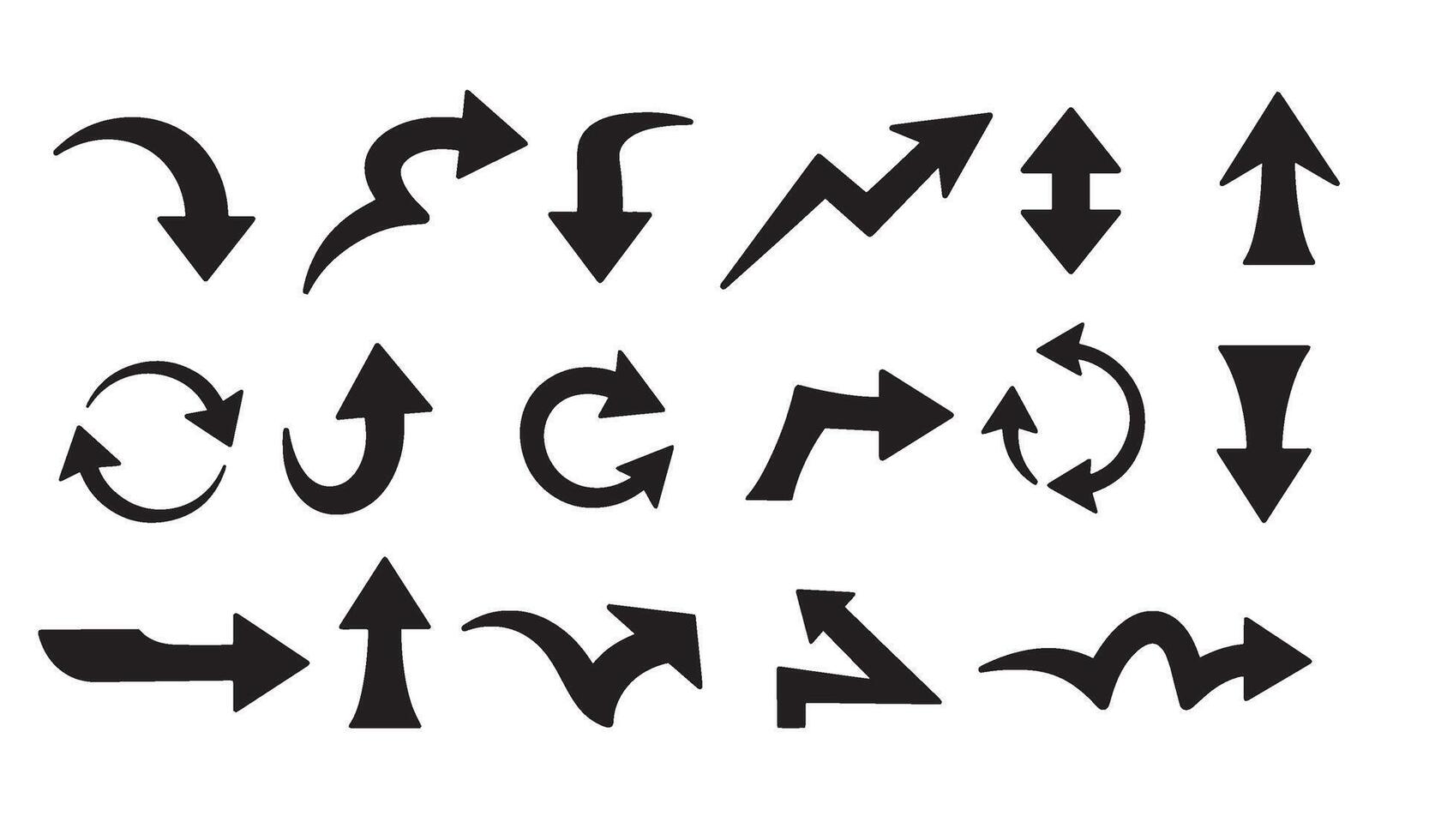 A comprehensive collection of black arrow icons representing various directions and movements vector