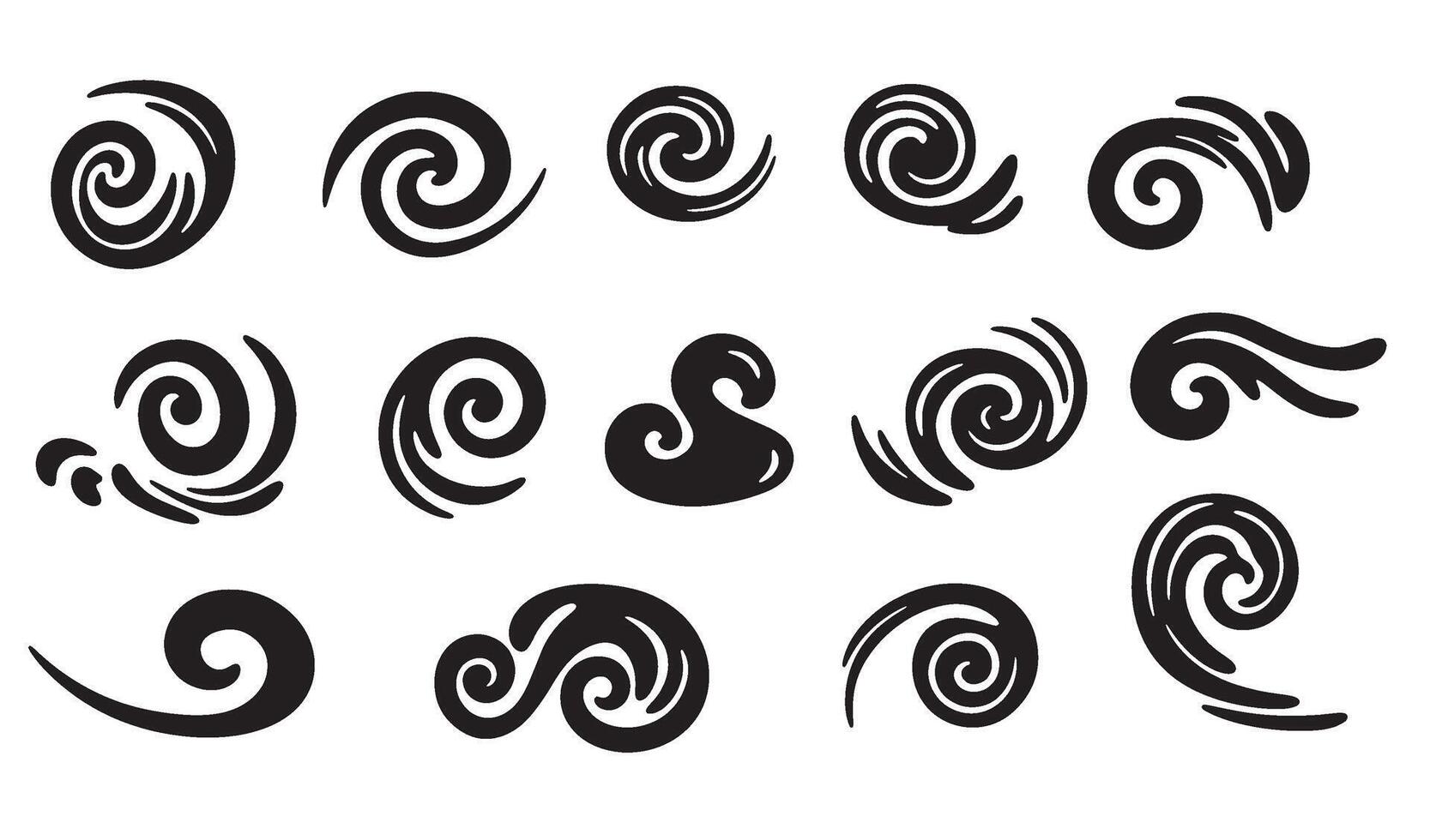 Collection of black swirls and spirals icon set on white background for design elements vector