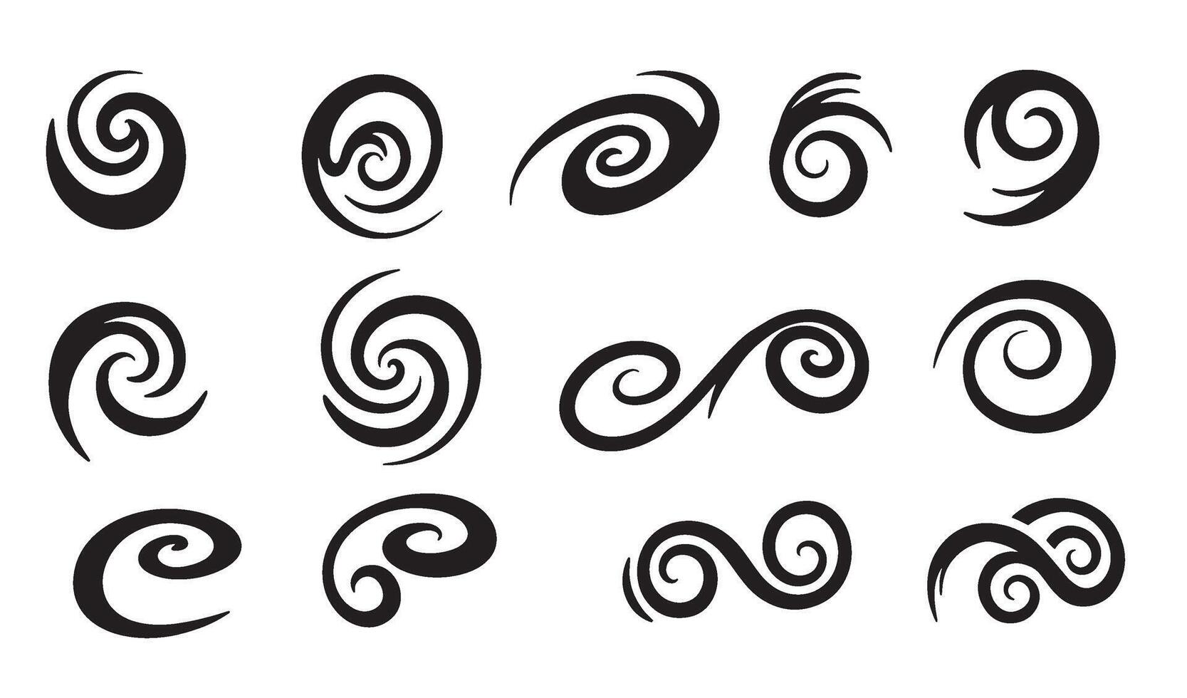 Black swirls and spirals design elements icon set isolated on white background vector