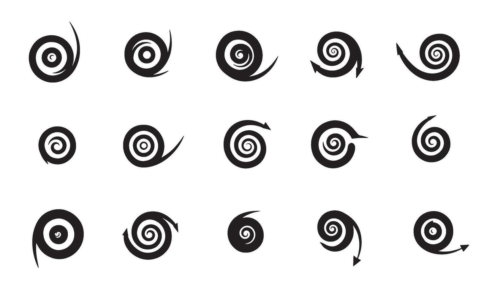 A modern icon set featuring various abstract spiral and swirl shapes in elegant black on white design vector