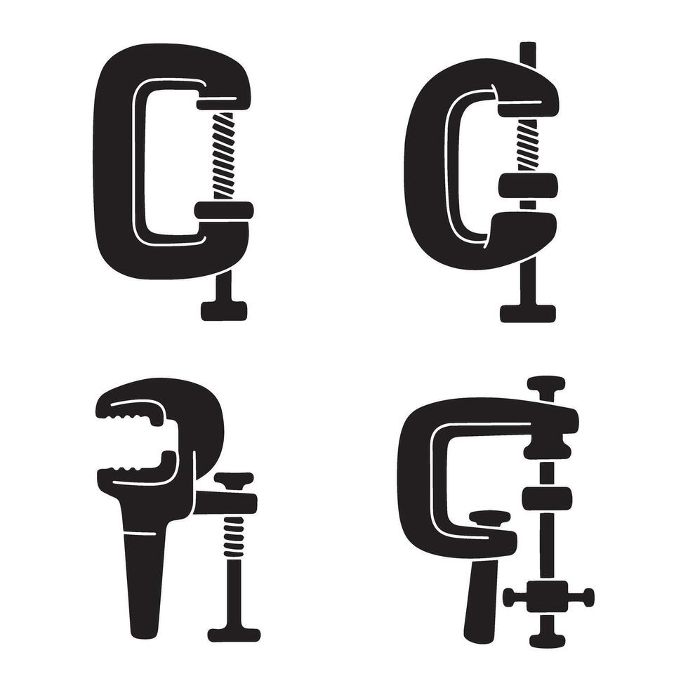 Black and white clamp tools illustrations for woodworking and construction projects ready for use. vector
