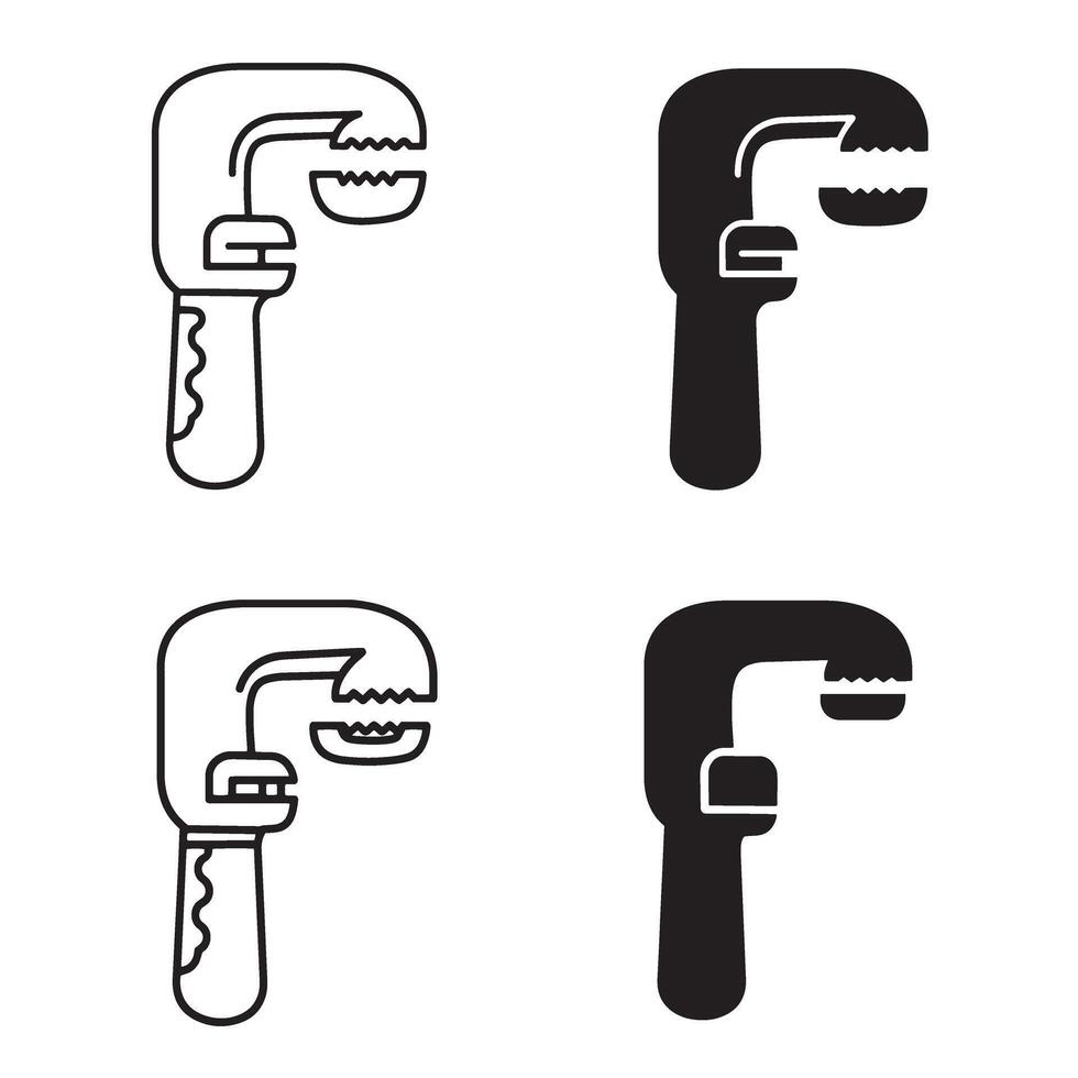 Four simple outlines and solid black illustrations of pipe wrenches vector