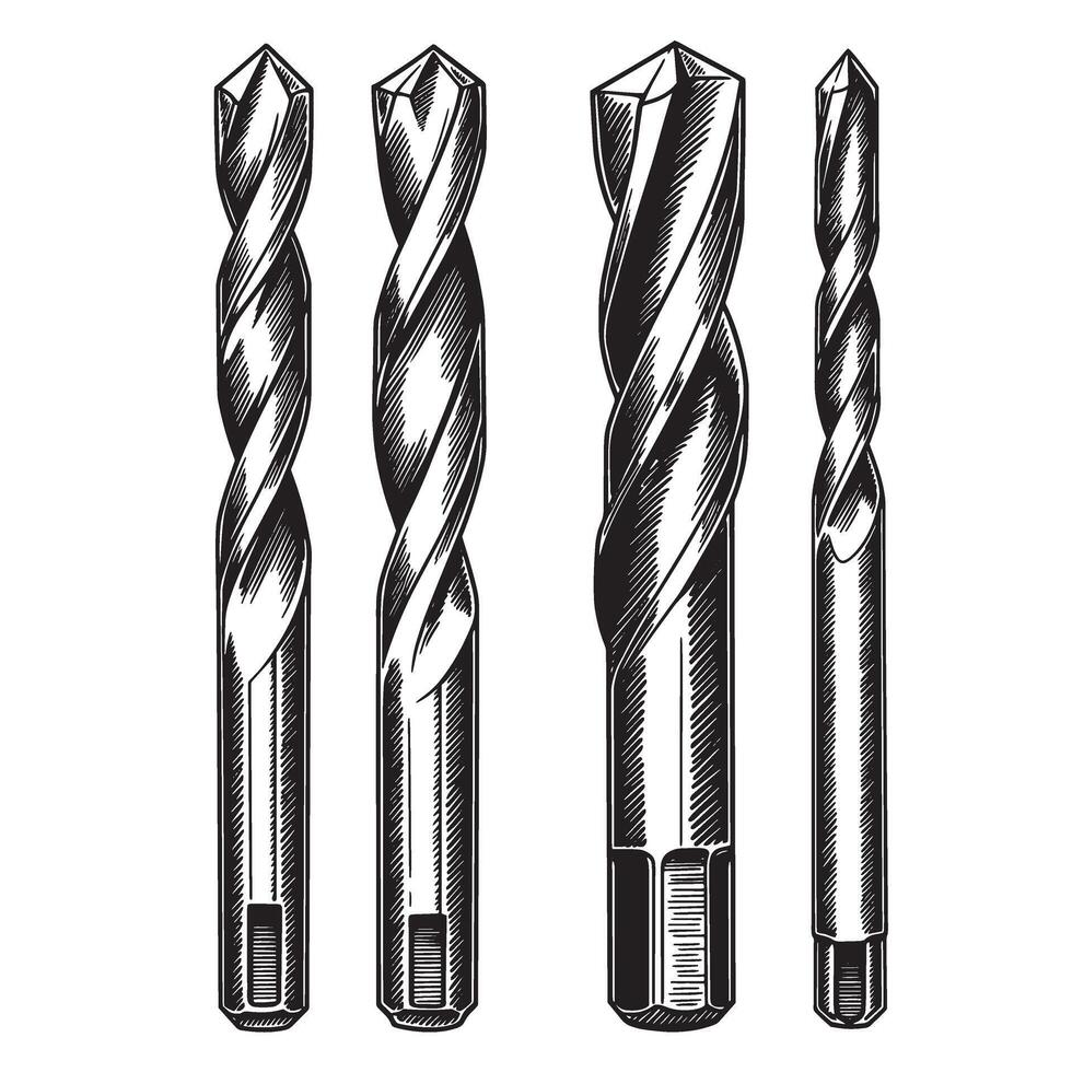 Detailed engraved illustration of a set of four drill bits isolated on a white background vector