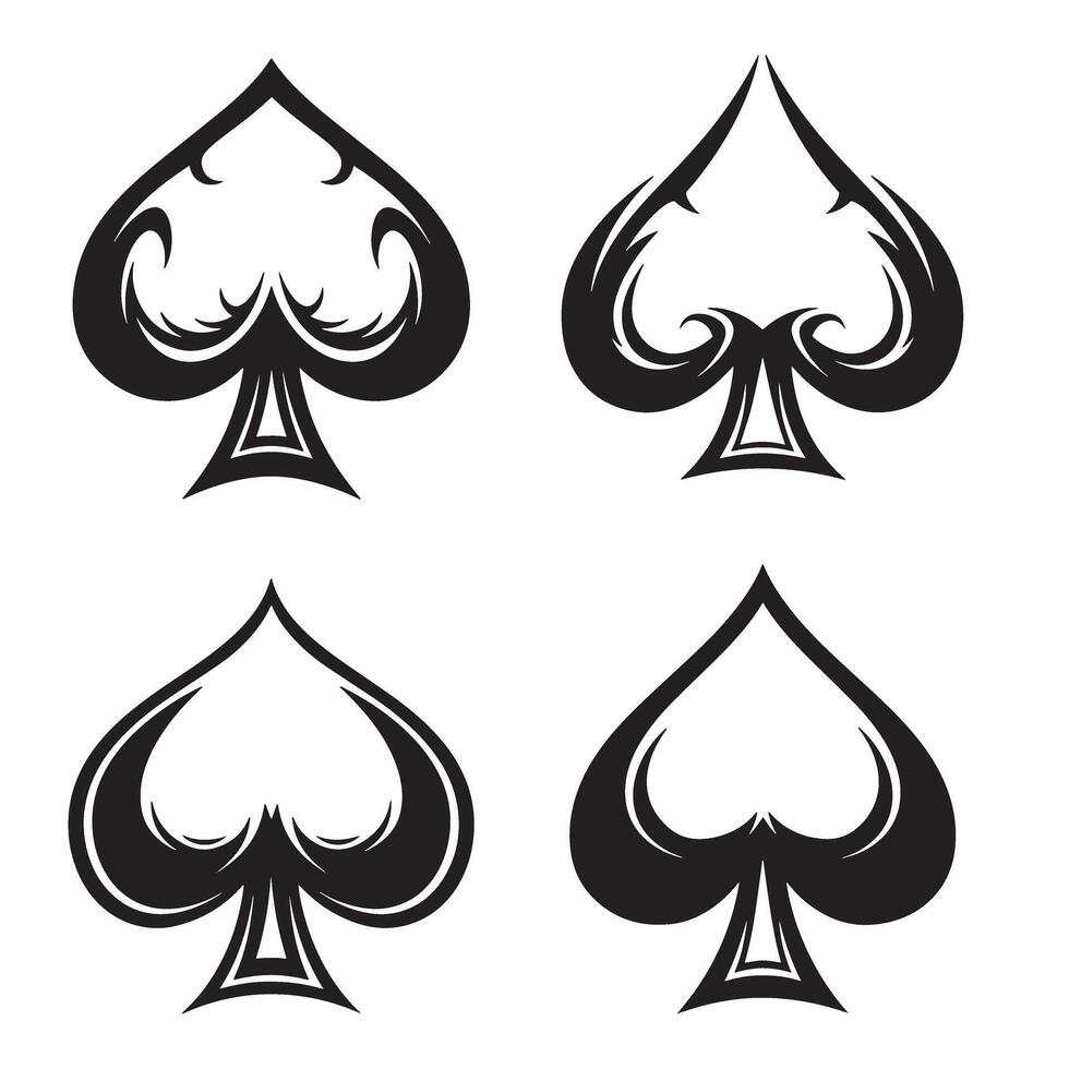 Four black spade symbols with decorative ornament set isolated on white background vector