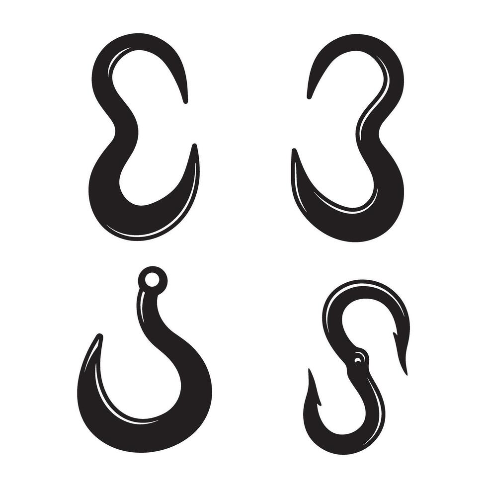 A stylized ornament set of four black and white fishing hooks on white background vector