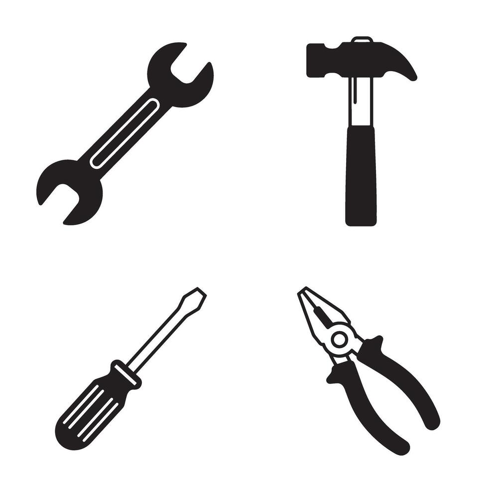 Simple black and white illustration featuring a set of tools for construction and repair vector