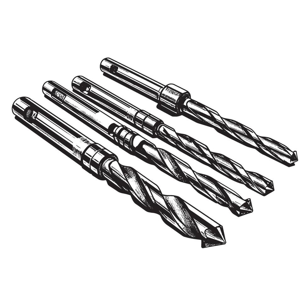 Detailed black and white illustration of a drill bit set for construction projects vector
