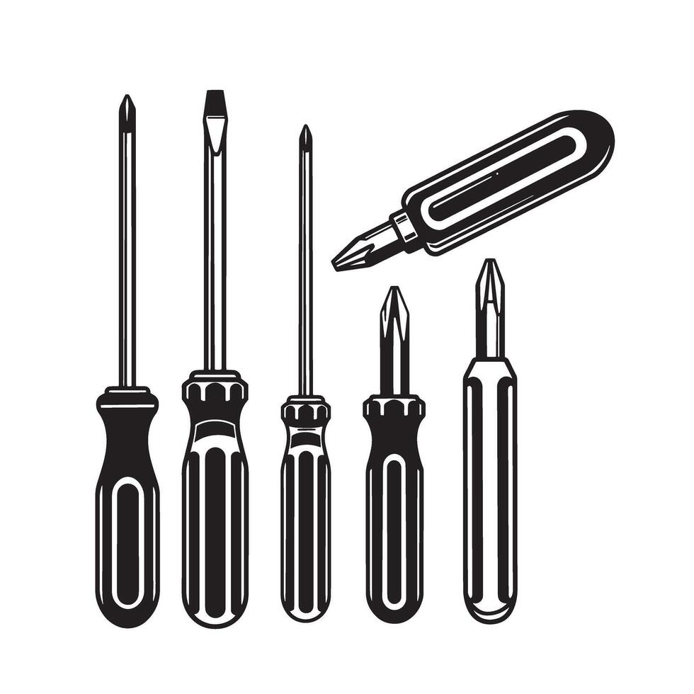 Black and white illustration of a screwdriver set with minimalist ornamental design vector