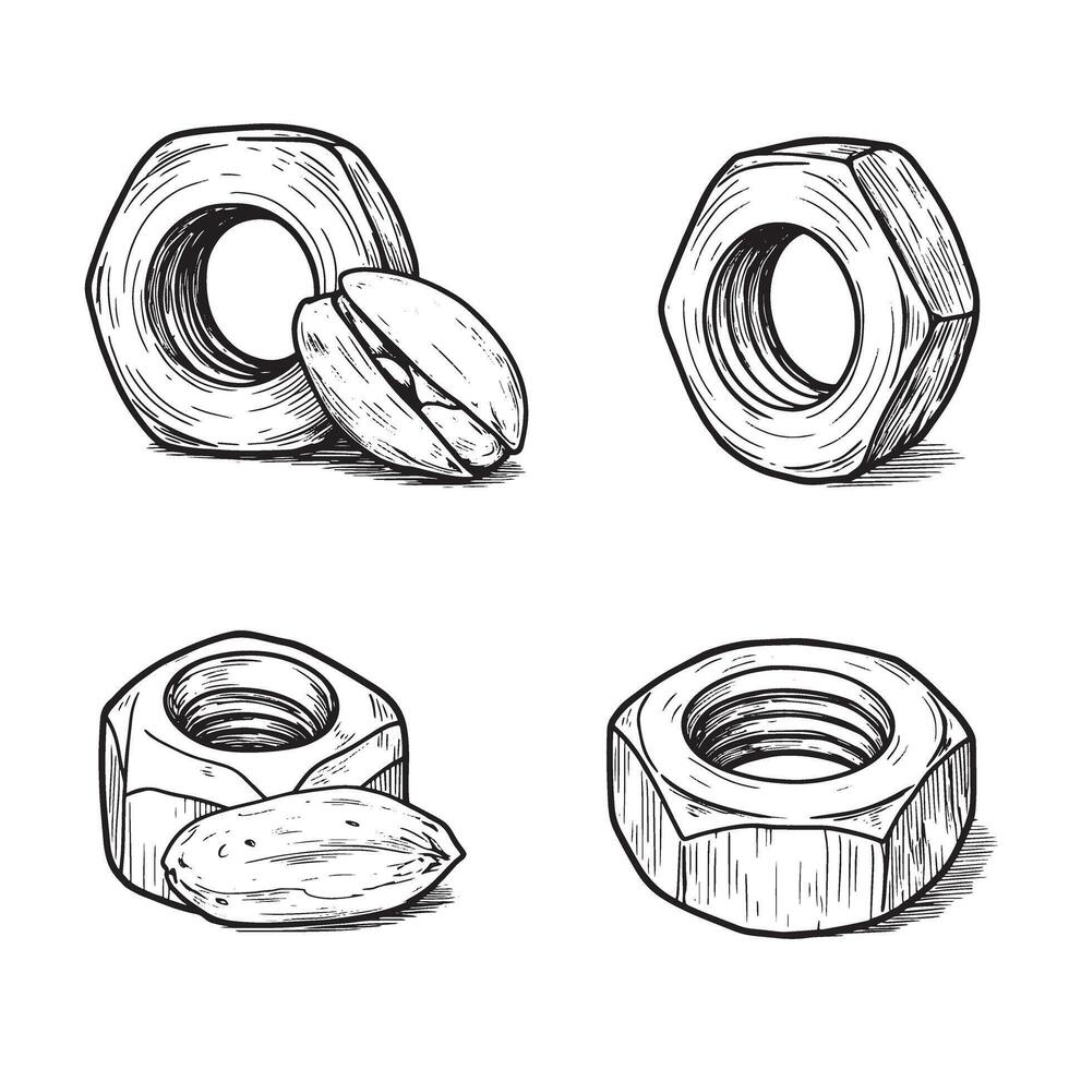 Engraved ornament set of industrial nuts in vintage style for design purposes vector