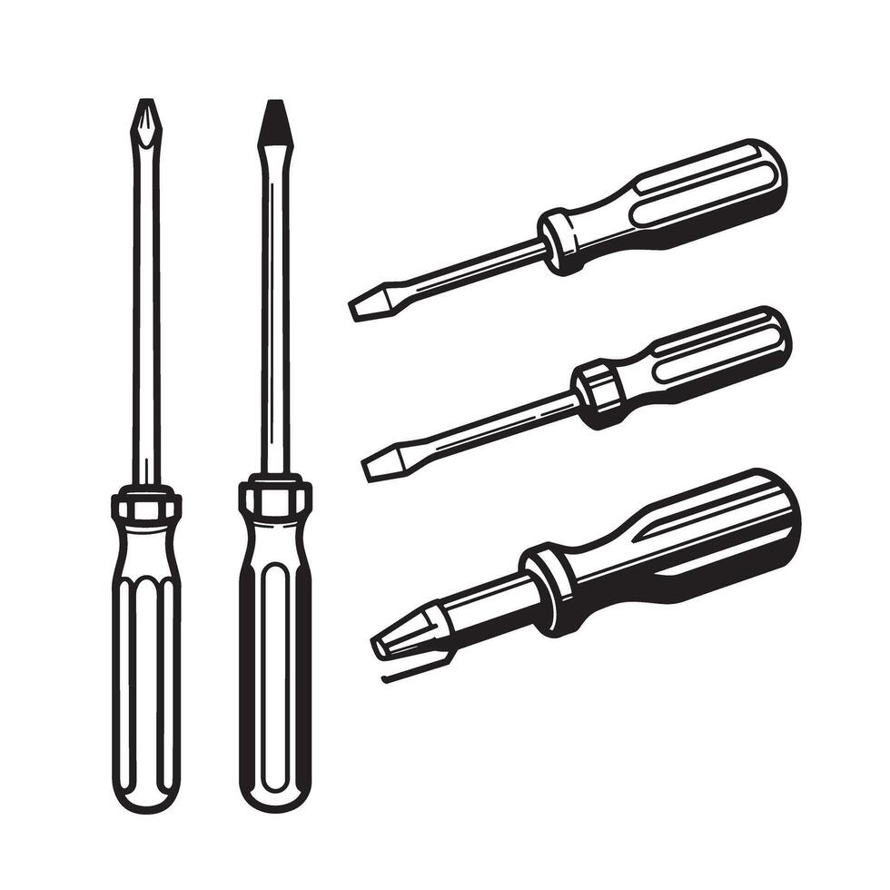 Set of black and white screwdriver illustrations with various head styles for tools ornament vector