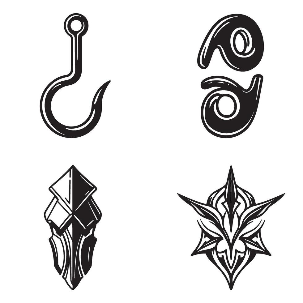 A set of four black and white illustrations of stylized ornaments featuring a hook swirl and geometric design vector