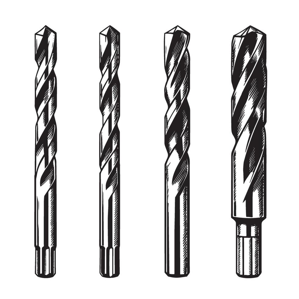 Four detailed black and white drill bits design set for construction repair and diy projects vector