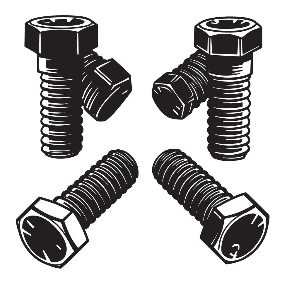Four detailed black and white bolts arrangement on a white background for diy and mechanical projects vector