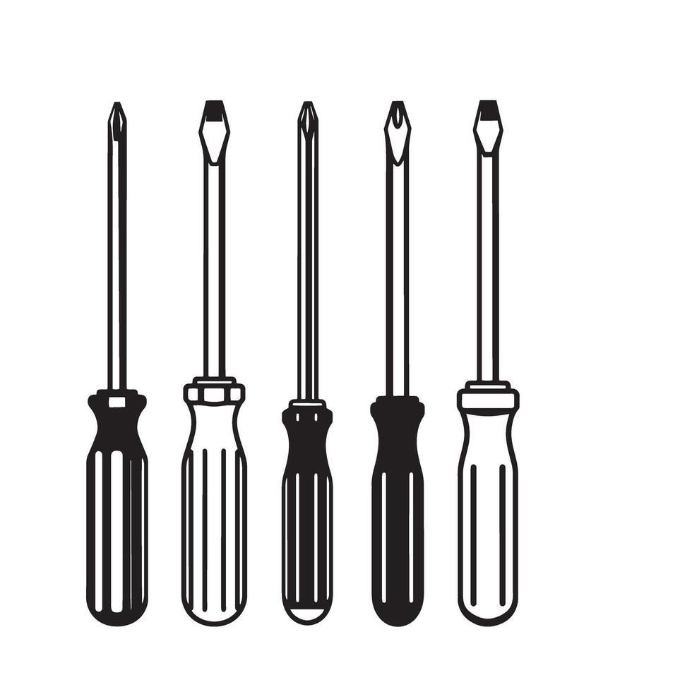 A set of stylized black and white screwdrivers for various diy and repair projects vector