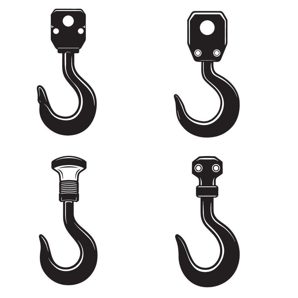 set of four different style heavy duty crane hooks in black and white vector