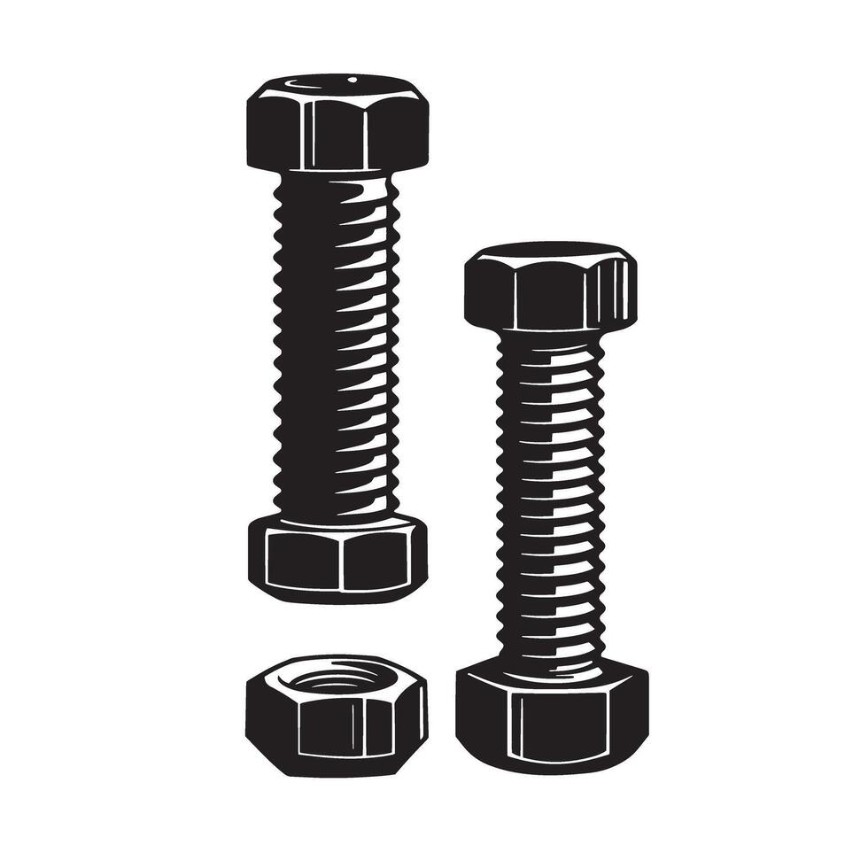 Black and white illustration of a bolt set with screws and nuts vector