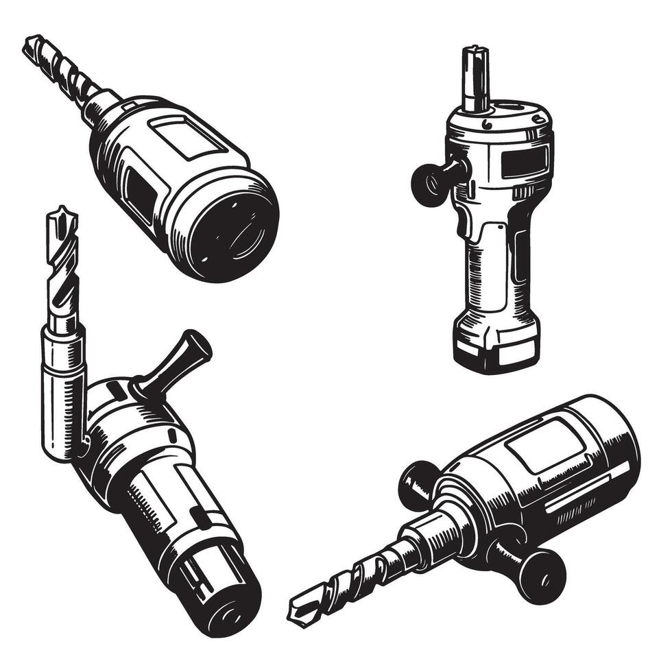 Detailed black and white illustrations of various power drill types and orientations vector