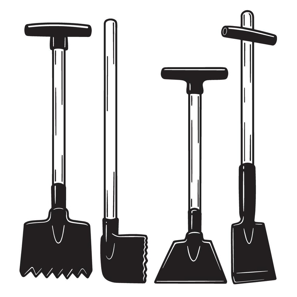 Simple black and white illustration ornament set of gardening hand tools including shovels and a hoe for design vector