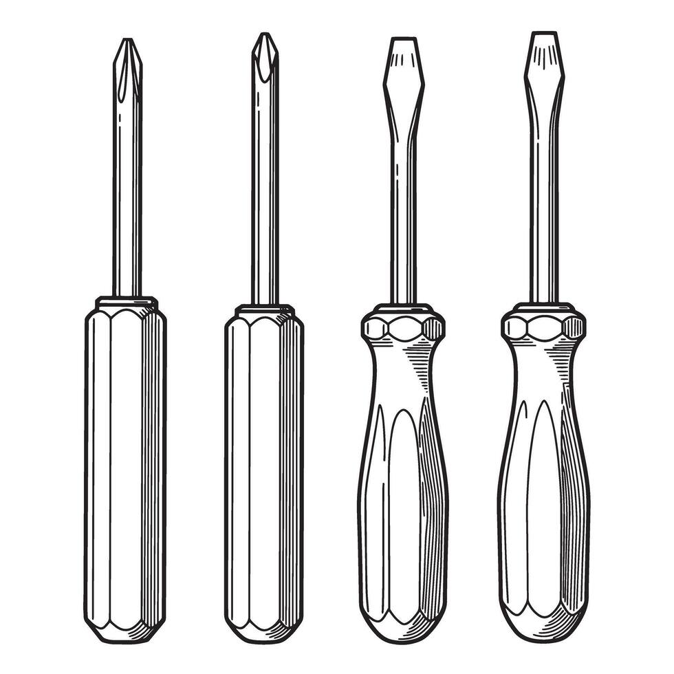 Detailed hand drawn screwdriver set in black and white with various head types and handle designs vector