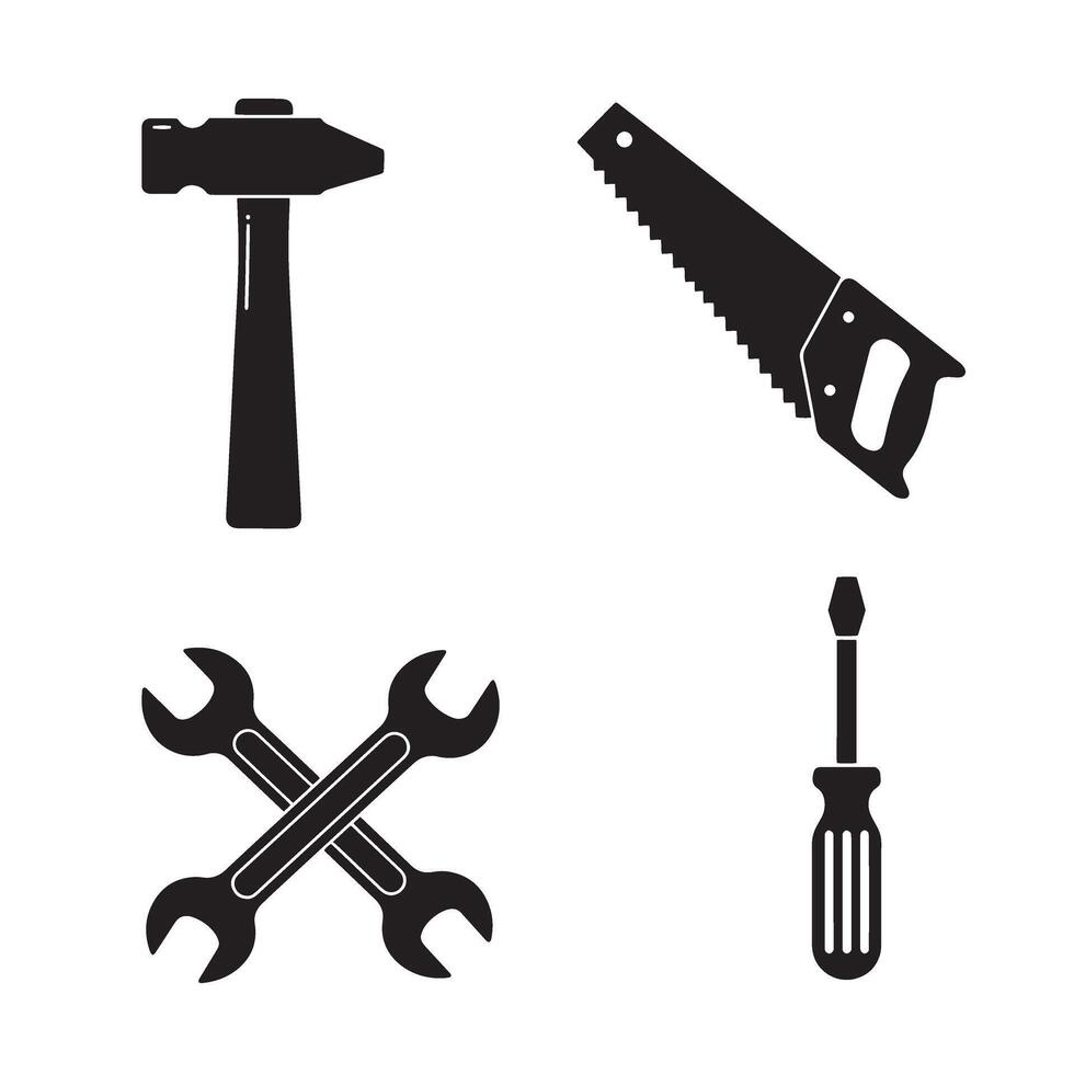 Black silhouette tool set including hammer saw wrench and screwdriver ornament vector