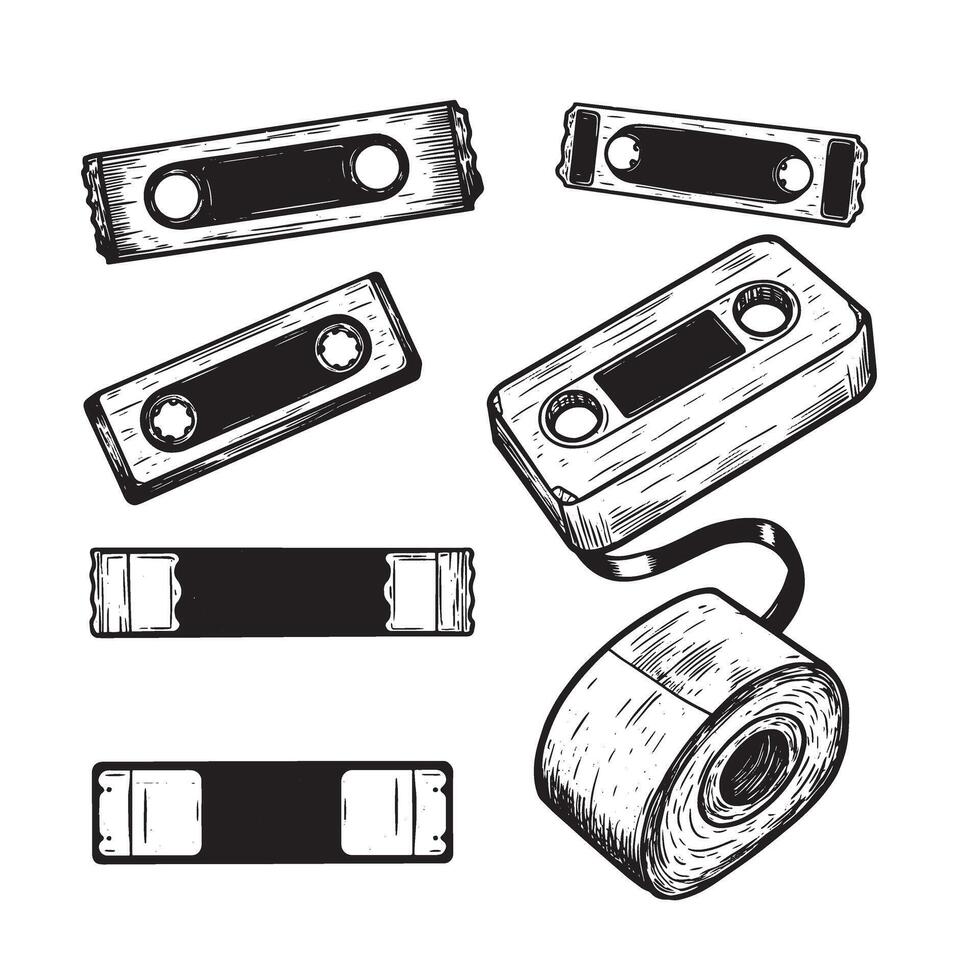 Vintage hand drawn cassette tapes and videotape set ornament with white background vector