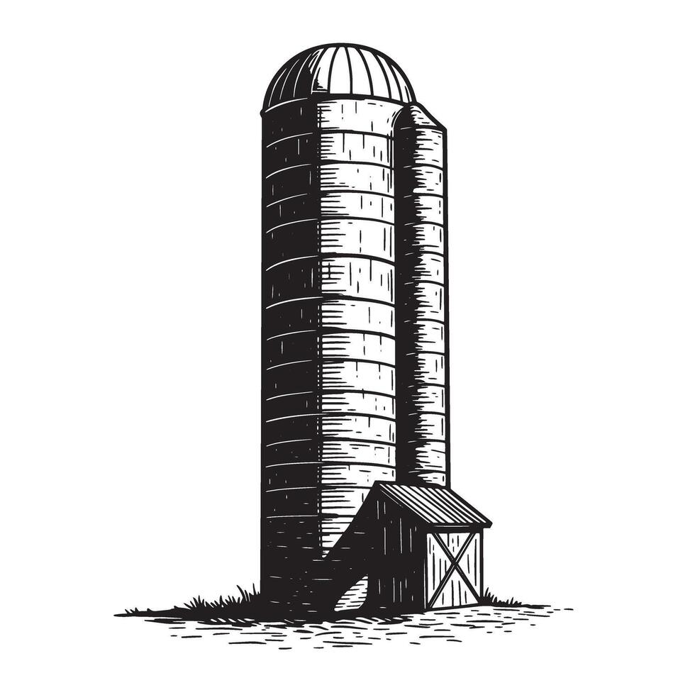 Detailed hand drawn ink illustration of farm silo barn agricultural structure on white background vector