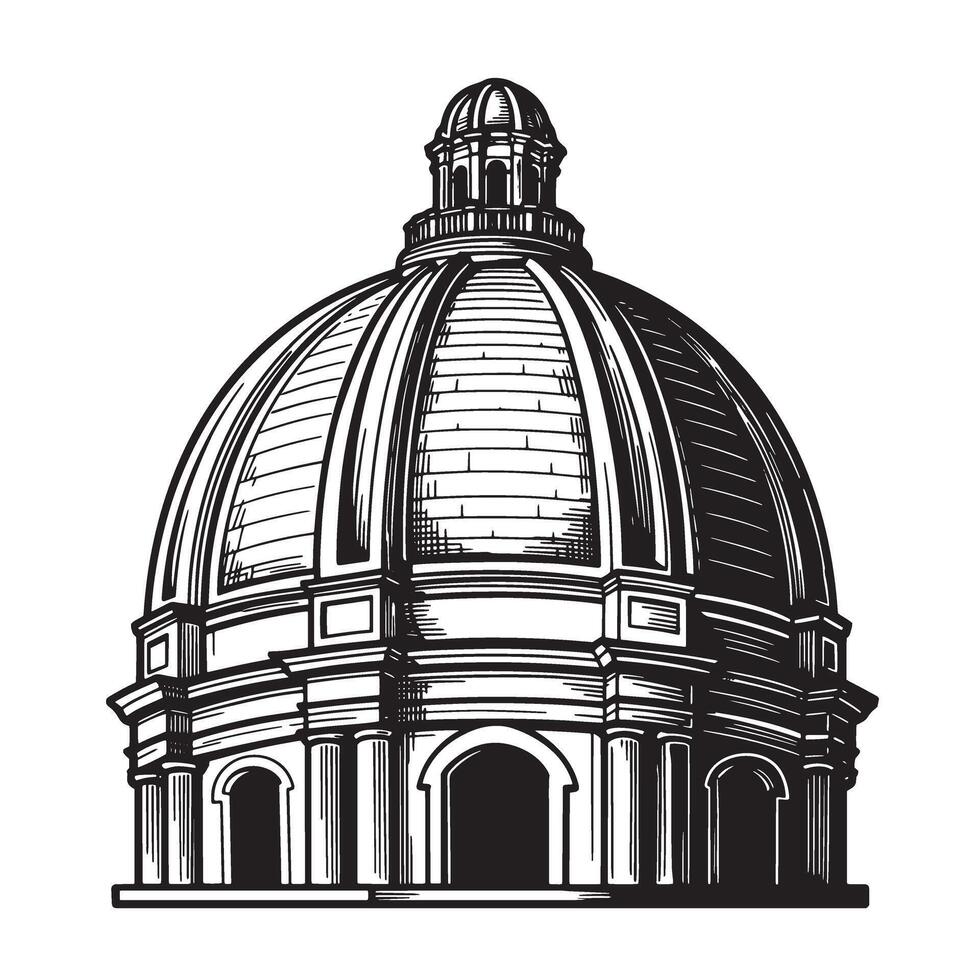 Elegant black and white architectural illustration of a detailed dome featuring classic architectural elements vector