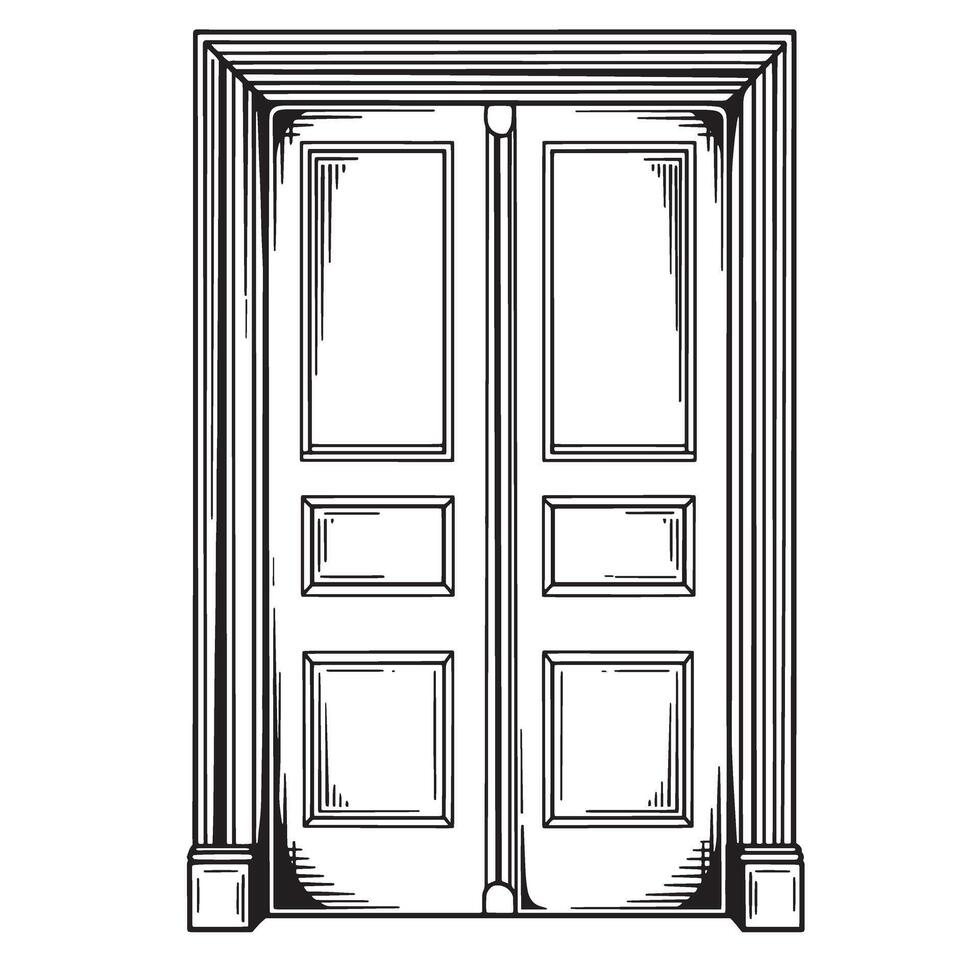 Classic black and white illustration of a detailed double door with panels and a decorative frame. vector