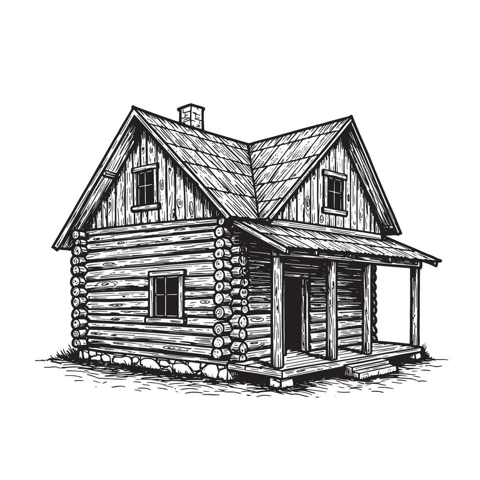 Detailed black and white illustration of a charming rustic log cabin house with wooden porch and chimney vector