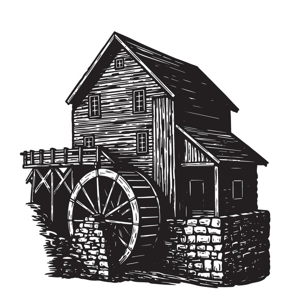 Detailed black and white illustration of an antique water mill with wooden structure and working water wheel vector