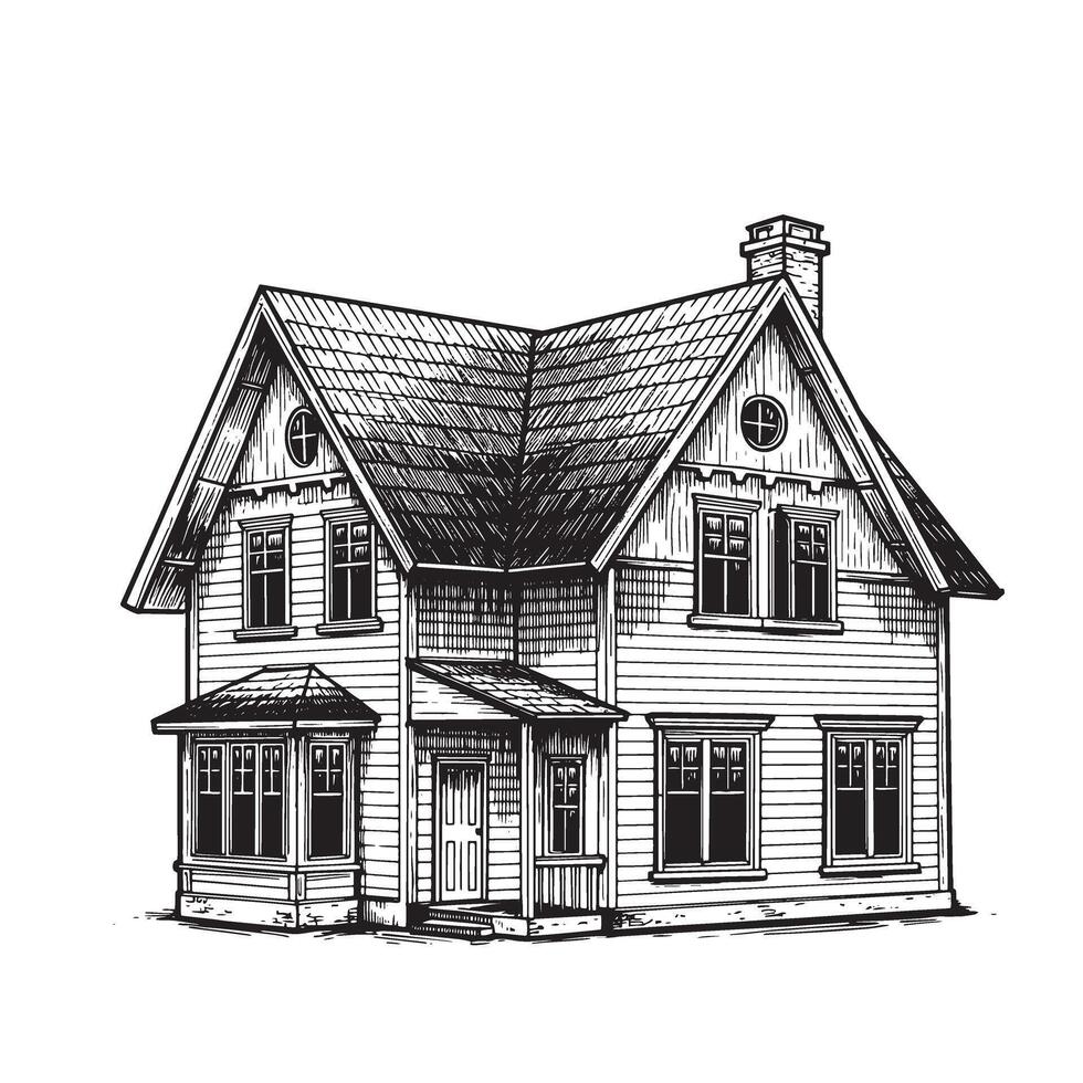 Detailed hand drawn illustration of a classic two story american home with a gabled roof and architectural details vector