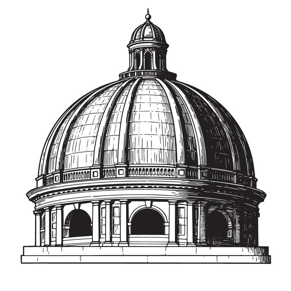 Detailed architectural black and white illustration of a domed building featuring precise linework and design vector