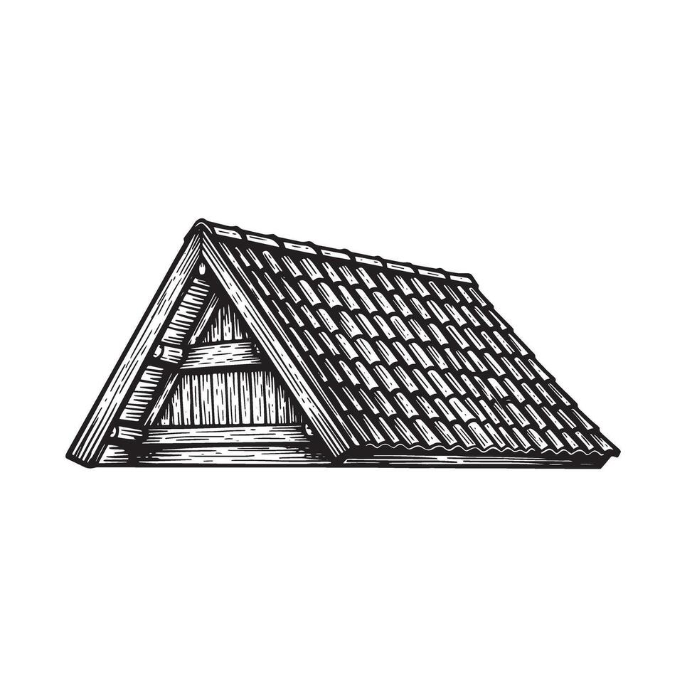 Architectural illustration of a simple house roof with tiled roofing and wooden beam construction vector
