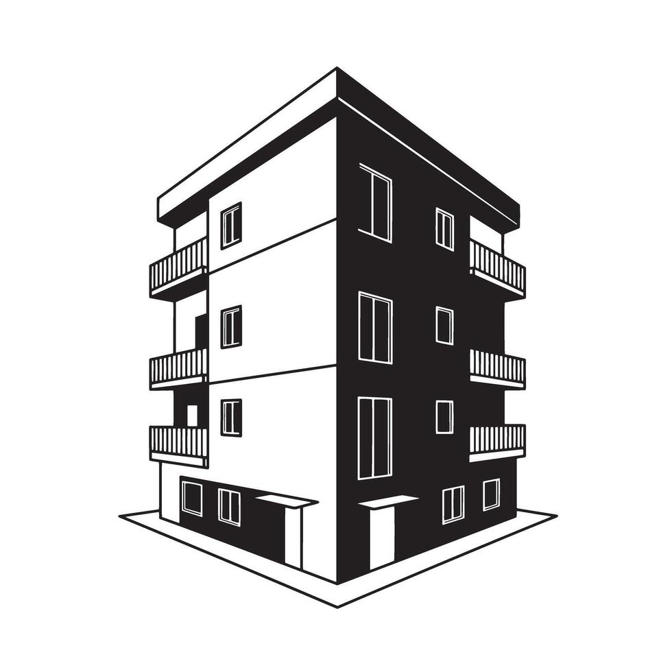 A modern black and white illustration showcasing an apartment building with balconies and a contemporary architectural design vector