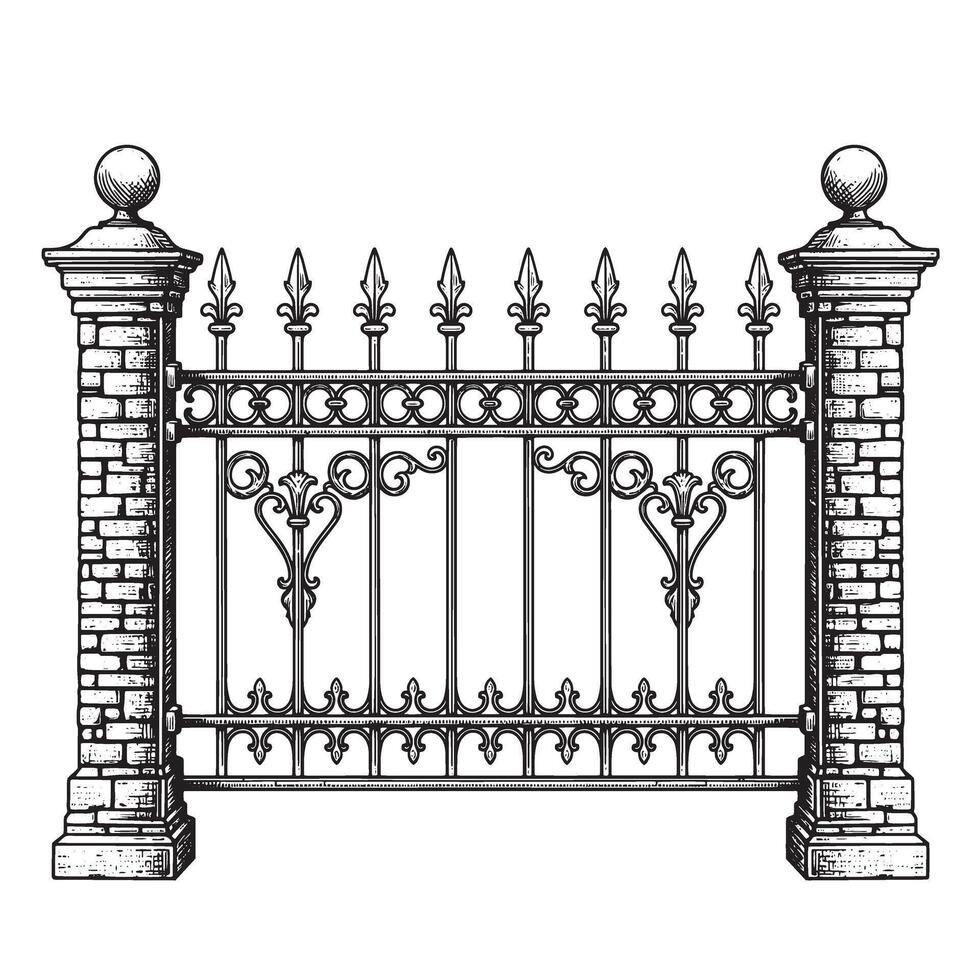Intricate hand drawn illustration of a decorative wrought iron fence with brick pillars for garden or property security. vector