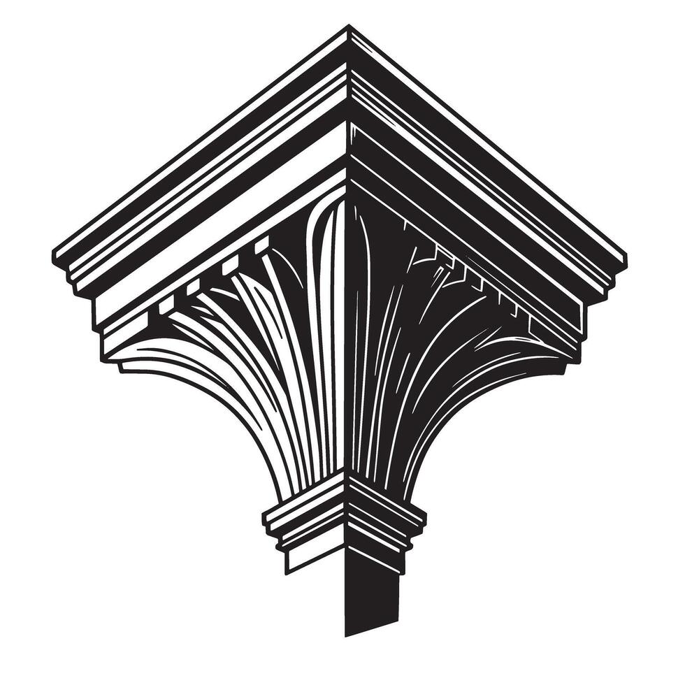 Architectural corner design featuring an ornate classical capital element rendered in a bold black and white illustration. vector