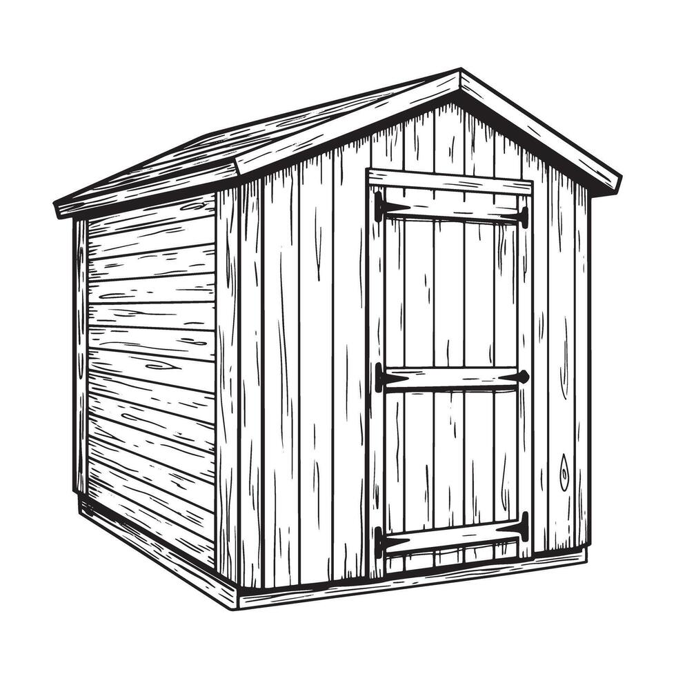 Hand drawn illustration of a wooden garden shed with a hinged door ideal for design concepts vector