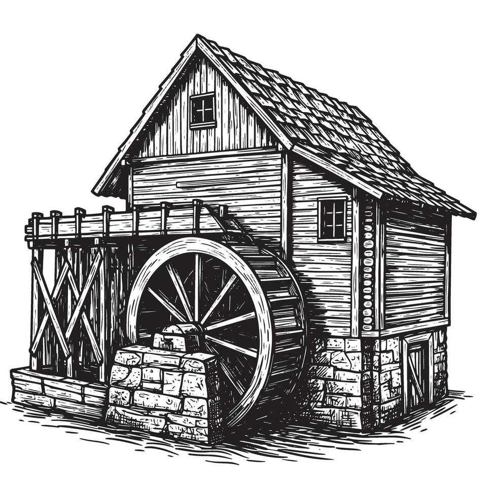 Detailed grayscale illustration of a historic wooden watermill showcasing architecture and intricate mechanical workings. vector