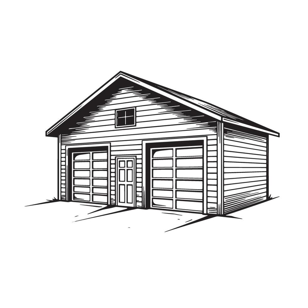 Detailed black and white illustration of a rustic garage building with garage doors and a small door. vector