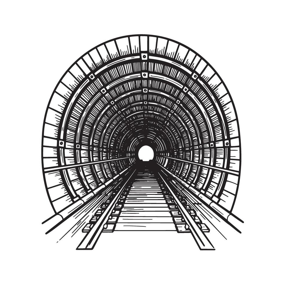 Hand drawn illustration of a railway tunnel perspective showing tracks leading to the light at the end of tunnel vector