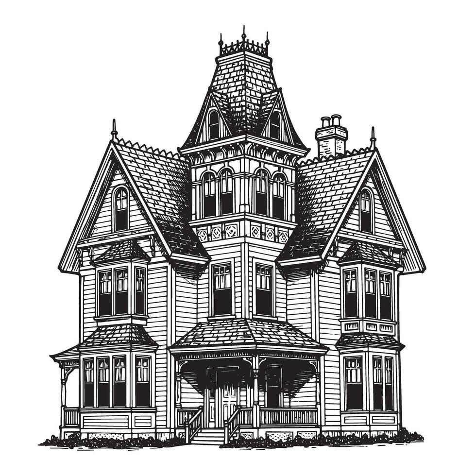 Detailed black and white illustration of a classic victorian era house with bay windows and intricate architectural details vector