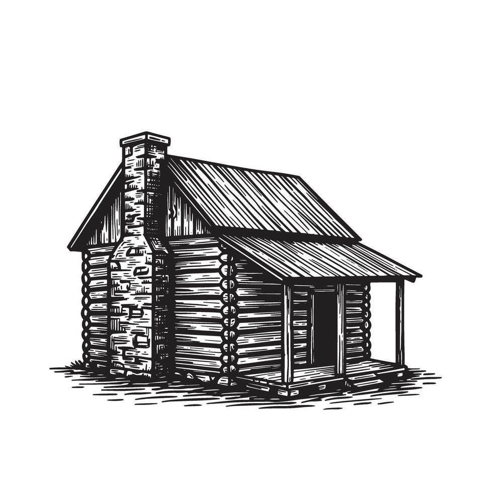 Rustic hand drawn log cabin illustration featuring wooden structure with chimney and porch design elements vector