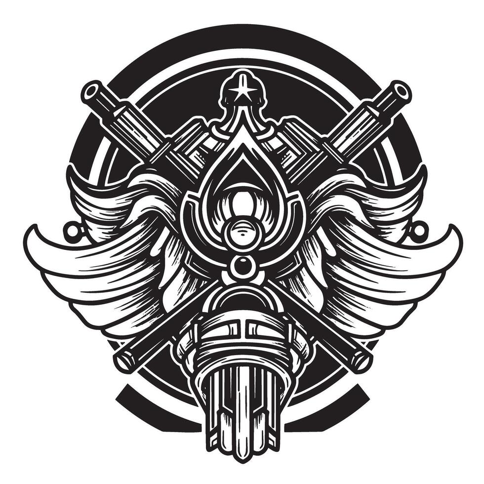 Intricate black and white emblem featuring crossed cannons with wings and geometric decorative elements vector