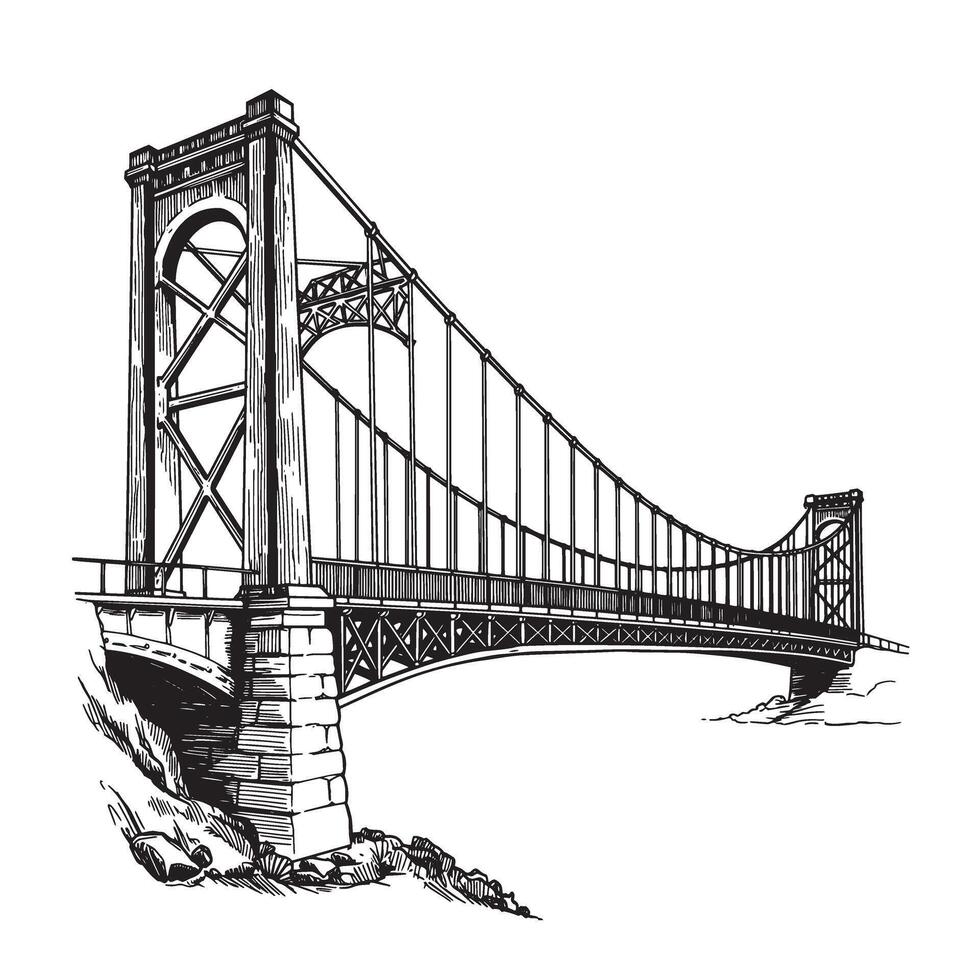 Artistic black and white illustration of a detailed suspension bridge architecture crossing over a rocky terrain vector