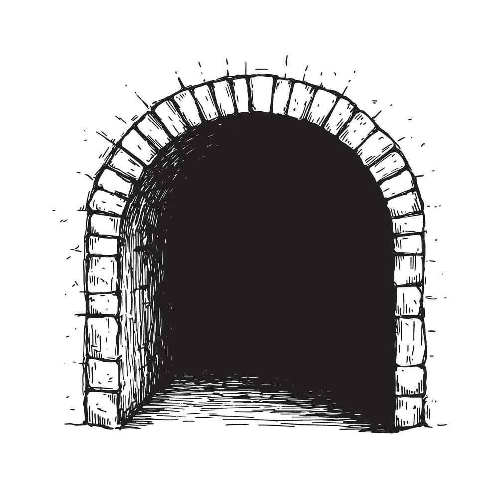 Hand drawn illustration of a detailed stone archway with a perspective of the dark entrance on a white background vector