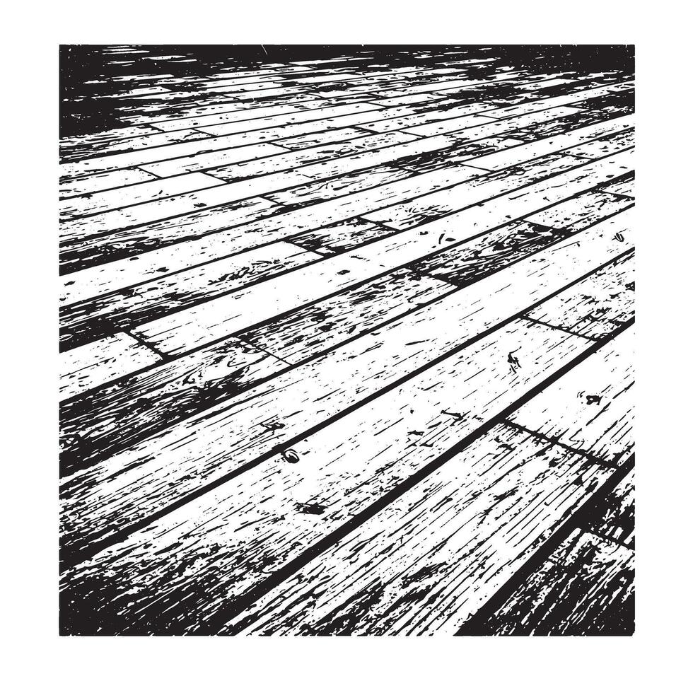 Detailed black and white illustration of a wooden floor with textured planks and perspective creating depth. vector