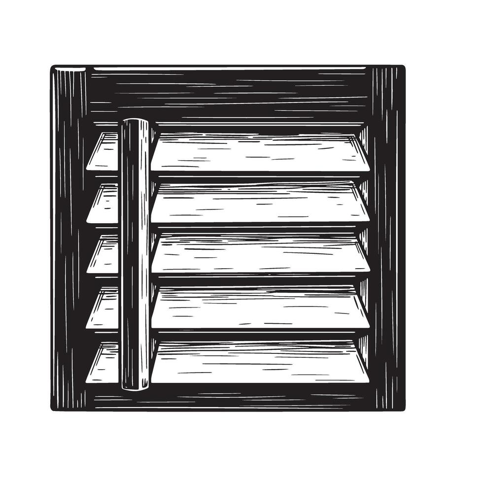 Hand drawn illustration of a wooden shutter with slatted panels and a central bar for architectural design. vector