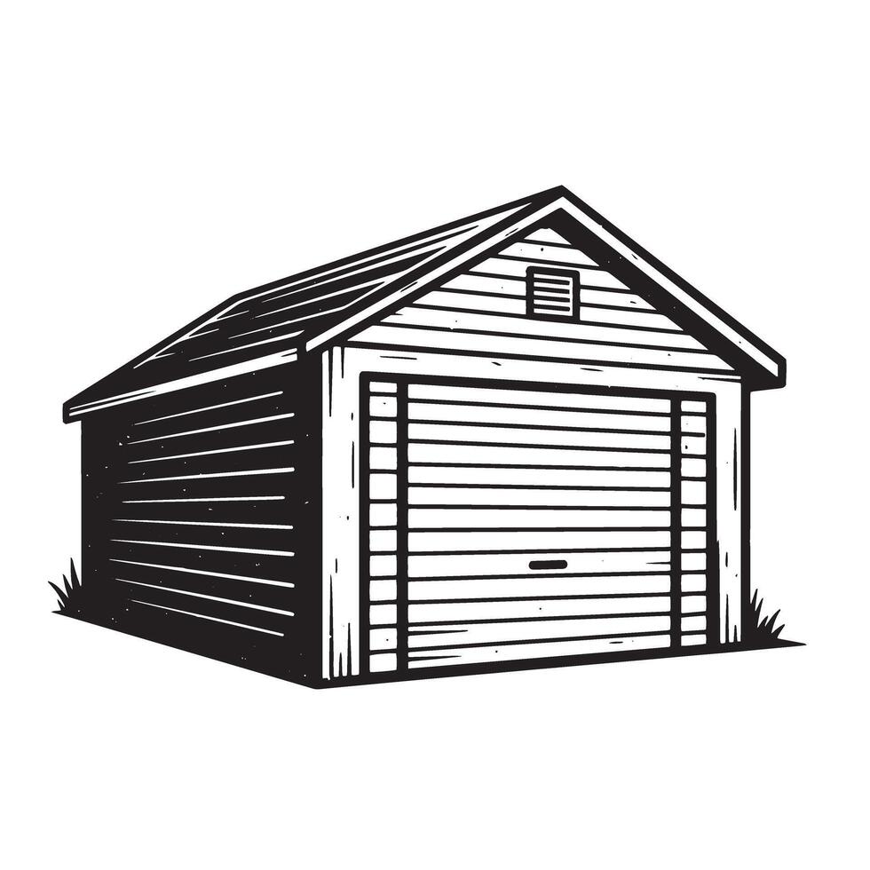 illustration of a rustic garage building depicting an architectural design in black and white artwork. vector